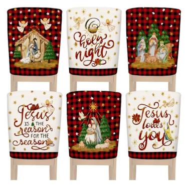 Imagem de Culudea Conjunto de 6 capas de cadeira de Natal, xadrez buffalo, presépio, capas traseiras para cadeira de jantar de Natal para cozinha, sala de jantar, casa, hotel, decoração de festa de Natal