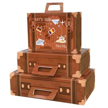 Imagem de 8HREST 6 Pcs Large Vintage Travel Suitcase Box Travel Party Decorations Paperboard Suitcases Gift Box Decorative Set of 3 Small Stackable Storage Chests Decor for Themed Party Favors (Brown)