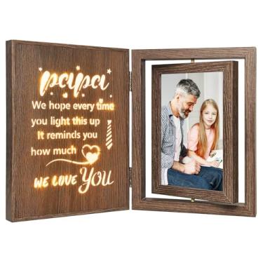 Imagem de EYITUPC Porta-retrato Papa – Moldura dupla de madeira iluminada, 10 x 15 cm, design vintage giratório, presente para papai de netos, presentes de aniversário e Natal