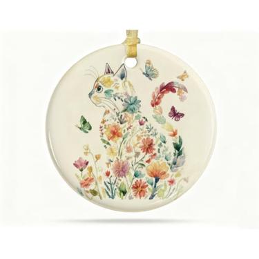 Imagem de HONLUNG Enfeites de gato para árvore de Natal, enfeite de cerâmica redondo de gato de flor fofa, lembrança de Natal para árvore de Natal, presentes para amantes de gatos para mulheres, enfeite de