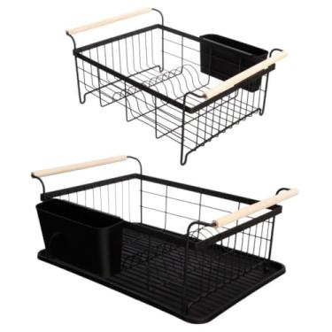 Imagem de Escorredor de Louça em Ferro, Preto Fosco, 45x29x18cm, com Alças em Madeira Natural, Porta-Talheres Removível e Bandeja Coletora