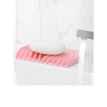 Imagem de 2 peças saboneteira de silicone para pia de banheiro, suporte de sabão em barra, pia de cozinha, saboneteiras, estendida, autodrenagem, rosa