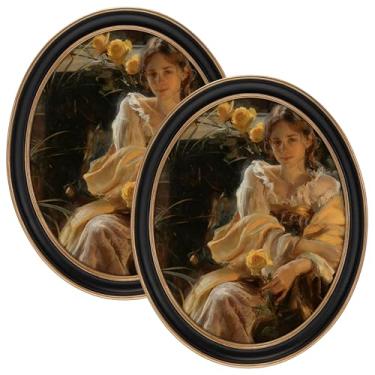Imagem de eletecpro Conjunto de 2 porta-retratos vintage 20 x 25 com capa de vidro real, moldura oval ornamentada para foto, tela de 20 x 25 cm para pendurar na mesa ou na parede, decoração de casa preta para