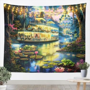 Imagem de Manfei Tapeçaria infantil de sapo de desenho animado, castelo navio, verão, lagoa de lótus, tapeçarias de parede para meninas e meninos, decoração de parede sonhadora de princesa do mundo, vintage