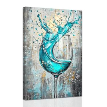 Imagem de ZXHYWYM Arte de parede em tela de vinho para impressões de cozinha, imagem de vidro de vinho azul-petróleo moderna cozinha restaurante sala de jantar bar decoração de parede emoldurada (30,5 cm x 45,7