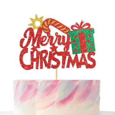 Imagem de Topo de bolo de Feliz Natal, glitter vermelho, presente de Natal, reunião de família, amigo, festa, decoração de bolo, placa de Natal