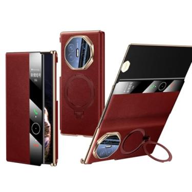 Imagem de HAOMRIYL Capa de couro genuíno para Huawei Mate Xts/XT, capa de proteção de janela transparente com suporte flip magnético capa de luxo à prova de choque, vermelha, Mate XT