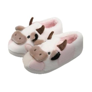 Imagem de Chinelos de vaca para mulheres e homens – Pantufa de pelúcia macia antiderrapante para casa de vacas fofas, sapatos felpudos quentes de inverno com espuma viscoelástica confortável, branco e rosa