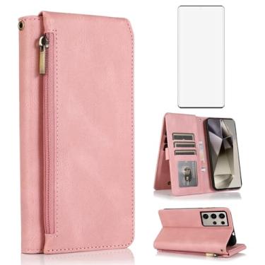 Imagem de Capa carteira compatível com Samsung Galaxy S24 Ultra 5G, protetor de tela de vidro temperado e zíper de couro retrô, suporte de cartão, acessórios para celular para S24Ultra 24S S 24 24Ultra ouro