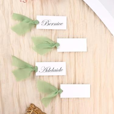Imagem de 60 peças de cartões de lugar para configuração de mesa, cartões de nome de mesa com 3 rolos de fitas de franja, etiquetas de presente penduradas de 3 x 9 cm para decoração de mesa de casamento, jantar