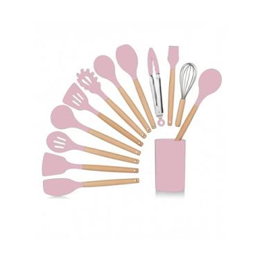 Imagem de Kit de Utensílios de Cozinha Premium 12 Peças – Silicone Resistente e Madeira Natural – Suporte Organizador, Antiaderente, Alta Temperatura (230 °C) (Roxo claro)