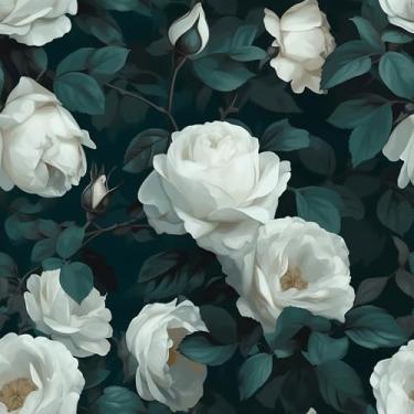 Imagem de VaryStyle Papel de parede floral verde branco desabrochando papel de parede rosa descasque e cole papel de parede verde escuro e branco para banheiro quarto 45 x 299 cm papel de contato removível