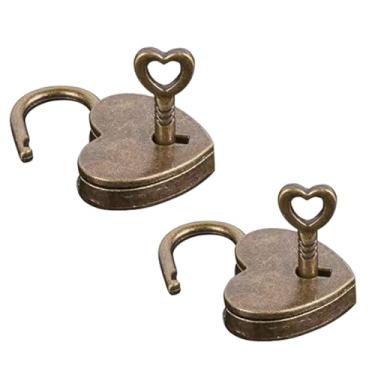 Imagem de 2 peças de cadeado em forma de coração de latão antigo, fechadura com chave, bronze, cadeado, viagem, armazenamento