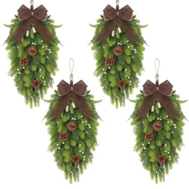 Imagem de Yunlly 4 peças guirlanda artificial de Natal em forma de gota de 66 cm neutra para porta de pinheiro com sinos, pinhas e bagas de inverno, guirlanda de arco para porta de Natal, interior, exterior