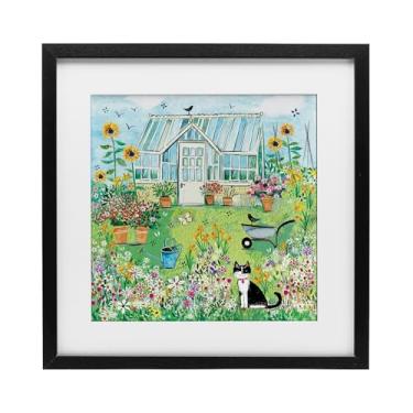 Imagem de Stupell Industries Estufa de jardim e gato impressão emoldurada preta sob vidro, design por Clare Tupper, 40,6 x 40,6 cm