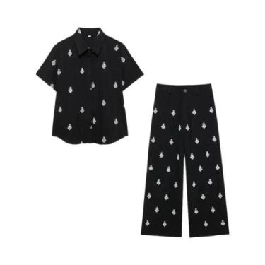 Imagem de Conjunto Vintage Chic Feminino Bordado - Blusa e Calças Soltas para Fé