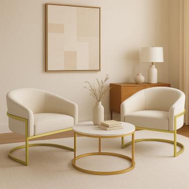 Imagem de Poltrona Sala Industrial Dourada Kit 2 Arielle Veludo Cotelê D03 - D'rossi Bege