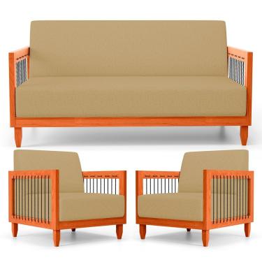 Imagem de Kit 02 Poltronas E 01 Sofá Samoa Madeira Maciça Com Cordas Náutica Linho Dourado - Abmaza