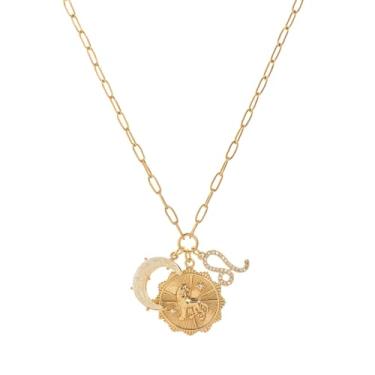 Imagem de Colares de ouro do zodíaco para mulheres, peças de presentes do zodíaco com opala lua crescente e pingente de moeda, joias de astrologia, colar de horóscopo de constelação, presentes de signo da moda