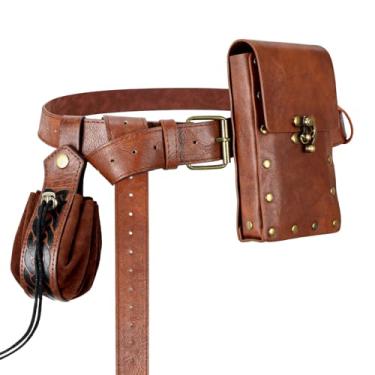 Imagem de Bolsa de cinto renascentista, bolsa de couro de pirata viking medieval, conjunto de garrafa de poção, saia, caminhada, Halloween, cosplay, acessório para fantasia, 2 bolsas - marrom, Belt Pouch