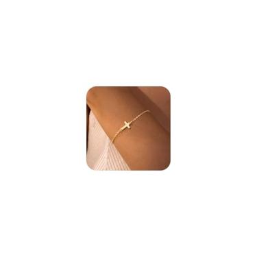 Imagem de HABIKIP Pulseira feminina com cruz de ouro, delicada, banhada a ouro 14 k, zircônia cúbica, berloques de Jesus com nó de amor, pulseiras modernas com elos de pérola fina, clipe de papel, pulseiras de
