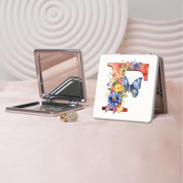 Imagem de Espelho de maquiagem portátil da série Floral Alphabet, mini espelho de maquiagem portátil dobrável, espelho de contorno quadrado portátil com dupla face, adequado para todas as pessoas usarem em