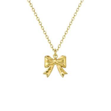 Imagem de Colar com laço feminino - pingente de laço delicado de aço inoxidável banhado a ouro 18K - lindo colar de fita - laço de pérola - joia impermeável sem manchas - presente de Natal para ela, Small, Aço