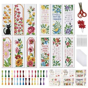 Imagem de FREEBLOSS Conjunto de 12 conjuntos de marcadores de página de ponto cruz, kit de bordado de flores e palavras com instruções para adultos iniciantes 11CT 20 x 6 cm