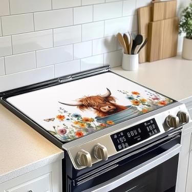 Imagem de Protetor de tampa superior de fogão elétrico de vaca Highland, tapete de fogão de vidro com flores fofas, tapete de fogão de indução de forno resistente ao calor para tapetes de bancada de cerâmica