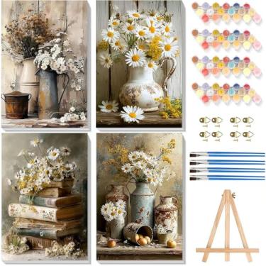 Imagem de Pacote com 4 tintas por números para adultos com tela emoldurada – com cavalete de madeira, pintura de flor vintage por número, margarida rústica, pintura a óleo em tela com pincel para decoração de