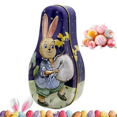 Imagem de Caixa de lata de armazenamento de doces de Páscoa, suporte de folha de flandres portátil de Natal | Recipiente de doces vintage com estampa de coelho da Páscoa para crianças, meninos, meninas