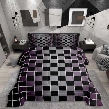 Imagem de Erosebridal Conjunto de edredom geométrico, xadrez, solteiro, roxo escuro, cinza, xadrez, para adultos, homens e mulheres, dégradé preto guingão, edredom