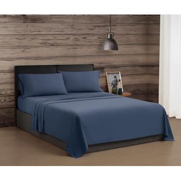 Imagem de Frye Conjunto de lençóis King vintage lavado 100% algodão 4 peças em azul, cor lisa, certificado Oeko-TEX