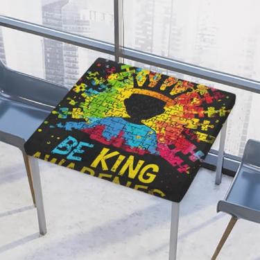 Imagem de hongjinglin Toalha de mesa quadrada para uso ao ar livre com borda elástica, capa de mesa quadrada limpável, design de autismo, toalha de mesa colorida para decoração de cozinha para mesas de 117 x