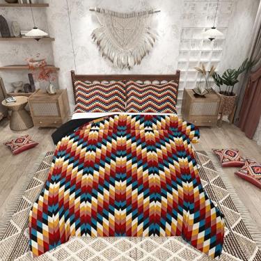 Imagem de jejeloiu Conjunto de edredom indígena asteca do sudoeste, boêmio, para todas as estações, conjunto de cama com 2 fronhas, microfibra marrom, azul, roupa de cama queen, tribal, geométrico, edredom