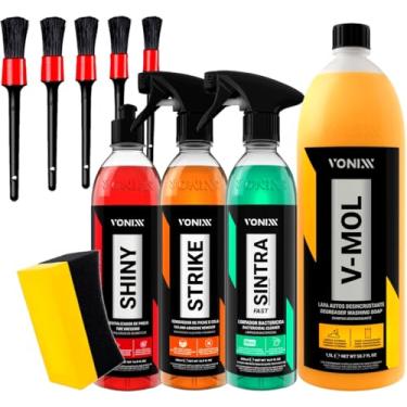 Imagem de Kit Vonixx Shampoo Limpeza Pesada V-Mol 1,5l Strike Sintra Fast Shiny Aplicador de Pneu Pretinho 5 Pinceis Karbox
