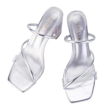 Imagem de PODAIK Sandálias femininas de salto mula, sem cadarço, tiras transparentes, blocos grossos, abertos, bico quadrado, chinelos transparentes, Prata, 35