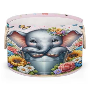 Imagem de Cesta grande redonda de armazenamento com círculo, borboleta, elefante, organizador de brinquedos, caixas de brinquedos dobráveis com alça, cesto de roupa suja para sala de estar, lavanderia, berçário