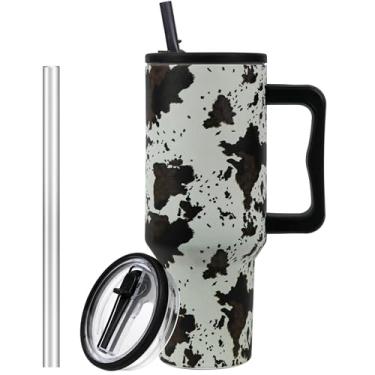 Imagem de wonshia Copo de vaca marrom de 1,134 g com alça, copo de aço inoxidável com tampa e canudos, caneca de café de viagem à prova de vazamento de vácuo duplo garrafa de água para casa, escritório, festa..