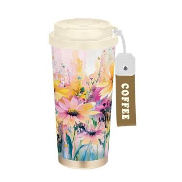 Imagem de SEHANY Caneca de viagem colorida de ervas silvestres de 500 ml Copos de café reutilizáveis revestidos de cerâmica com tampa à prova de vazamento, parede dupla, isolamento a vácuo, copo de café de aço