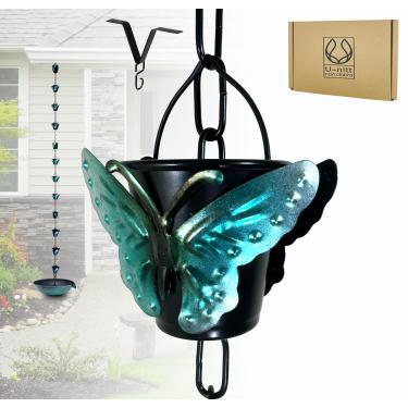 Imagem de Coletor de água de corrente de chuva para calhas, coletor e desviador de água da chuva, correntes de 20 metros para jardim externo, copos de balde de borboleta, calha de telhado, funciona com chuva