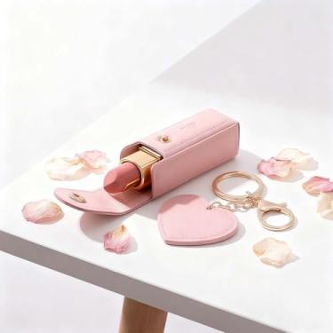 Imagem de Porta-chaves de batom com espelho e pingente de coração, estojo de couro para brilho labial, chaveiro de espelho de maquiagem para organização de bolsa, suporte portátil de cosméticos com fecho de