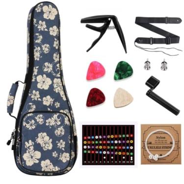 Imagem de MUINS Capa para ukulele, bolsa para ukelele de concerto soprano tenor de 53 cm, 24, 26, com bolsa, capo, 4 palhetas e cordas e enrolador de cordas, alça e adesivos, escolha de presente Uke (flor azul