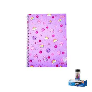 Imagem de Kit Caderno Universitário Vibe Feminino 10M 160F Tilibra Caneta e Grampeador