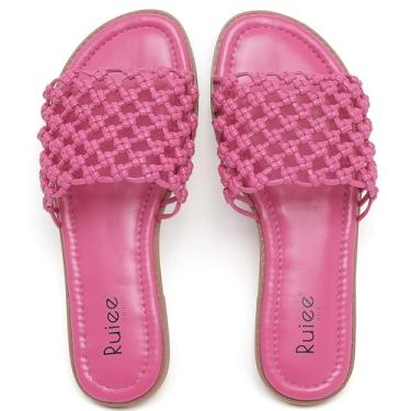 Imagem de Ruiee Sandálias femininas planas de largura larga, sandálias deslizantes casuais de verão com pés largos, sandálias trançadas confortáveis, sapatos de praia abertos para mulheres., Rosa PU 774, 9