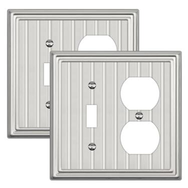 Imagem de Placa de parede de metal para tomadas elétricas, placa decorativa de níquel escovado, capa de interruptor de luz, placas de parede de 2 gangs (tobo/duplex, pacote com 2)