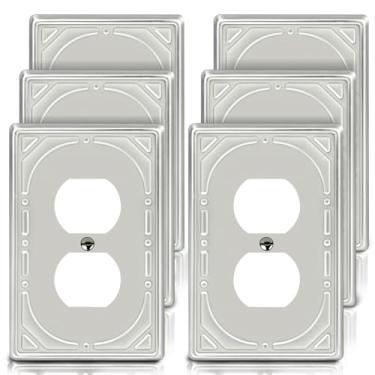 Imagem de Pacote com 6 capas de tomada duplex, placas de parede, tampa de receptáculo elétrico de metal de níquel escovado, placa decorativa clássica de estilo retrô e tampa de tomada, 1 placa de parede para