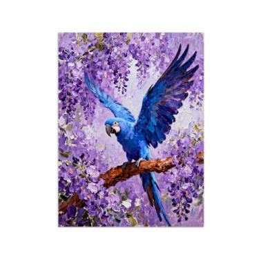 Imagem de Animais Pintura Arte Parede - Pássaro de flores roxas - Impressões em tela - Moderno Colorida Pôster para decoração sala de estar 70x90cm Sem Moldura