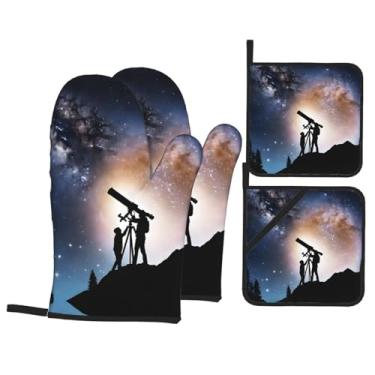 Imagem de Galáxia espacial com telescópio - Conjunto de luvas de cozinha estampadas com suportes de tampa, luvas de forno resistentes ao calor para lidar com panelas quentes, grelhar, churrascos, kit de 4 peças