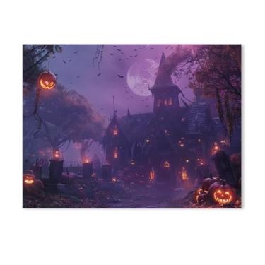 Imagem de HouLaiZhe Pôster de Halloween Castelo de Abóbora Lua Roxa Impressão de Arte de Parede Decorações de Halloween Decoração de Parede Estética Gótica para Sala de Estar Quarto 18 x 24 polegadas (45 x 60